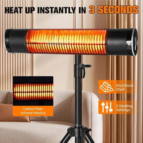 Vista 3 de Calentador eléctrico para exteriores, calentadores infrarrojos de carbono de 1500 W con control remoto, calentador radiante montado en trípode con 3