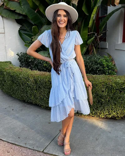 Vista 7 de BTFBM Vestidos casuales con cuello en V para mujer, estilo bohemio, manga corta, gasa, lunares suizos, cinturón y volantes, vestido de fiesta