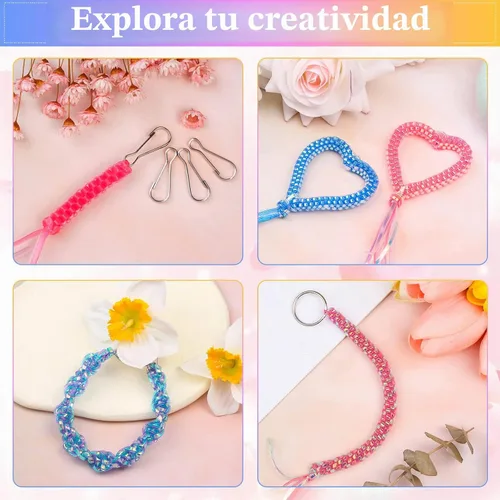 Vista 7 de Kit de cuerda de cordón, Cridoz 15 rollos de cuerda de gimp de cordón de plástico con 50 piezas de ganchos de clip a presión, llaveros y cierres