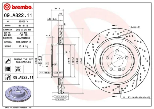Vista 2 de Brembo 09.A822.11 Pilar recubierto UV ventilado perforado + rotor de freno trasero ranurado MERCEDES-BENZ OEM # A2124230412