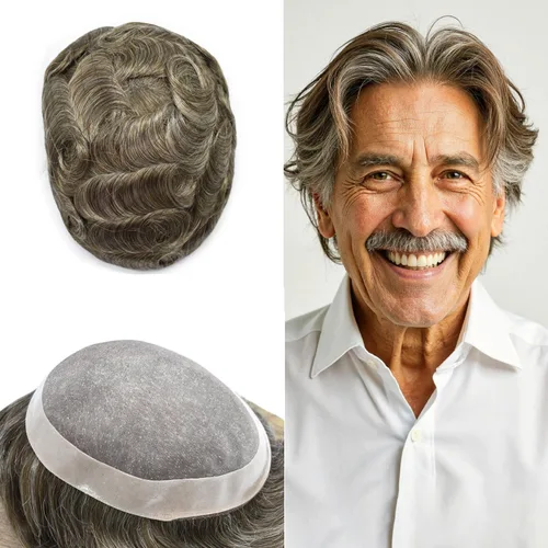 Vista 133 de Fine Mono Men Hair System Mens Toupee Real Human Hair Pieces For Men's Toupee Hair System For Men Hair Piece Natural Hairline 6X8 densidad de luz