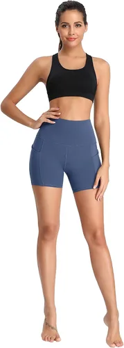 Vista 3 de Oalka Pantalones cortos de yoga para mujer, con bolsillos laterales, cintura alta, para entrenamiento, correr, deportes, 4 pulgadas