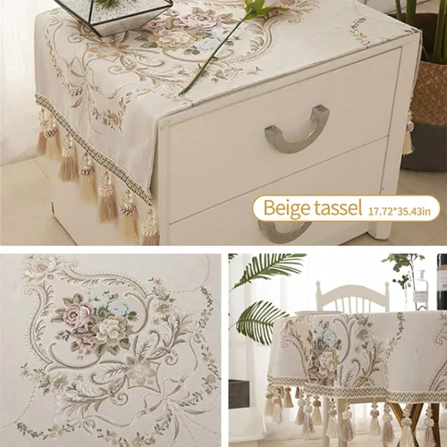 Vista 6 de Mantel de noche de estilo europeo, de jacquard, para tocadores y mesas auxiliares (color beige, borla)