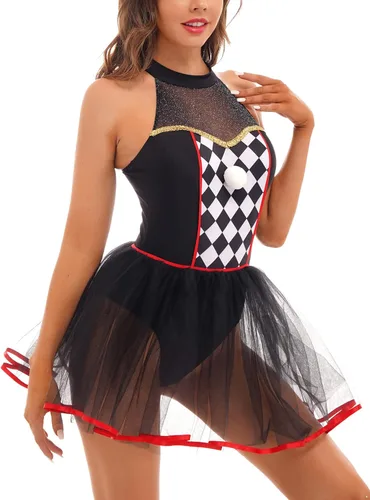 Vista 2 de renvena Vestido tutú de payasos de circo para mujer, lindo cuello odiador, disfraz de Halloween Rave Party Dance Droll
