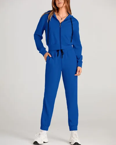 Vista 4 de Amkoyam Conjunto de dos piezas para mujer, de manga larga, con cremallera, sudadera con capucha y pantalones largos
