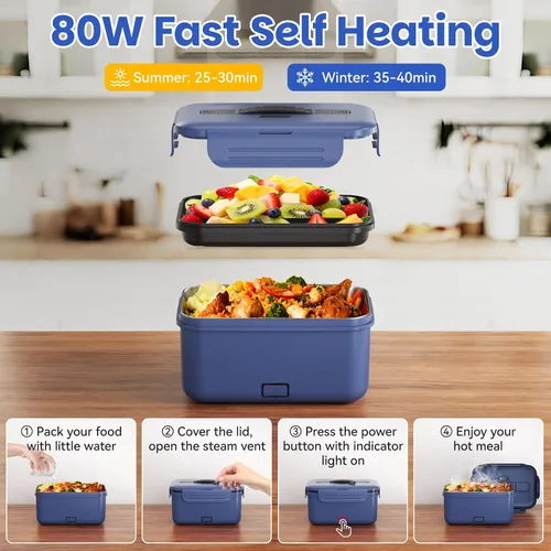 Vista 4 de Vingud Lonchera eléctrica inalámbrica para adultos, lonchera térmica recargable de 1.8 L, calentador de alimentos, lonchera portátil autocalentable