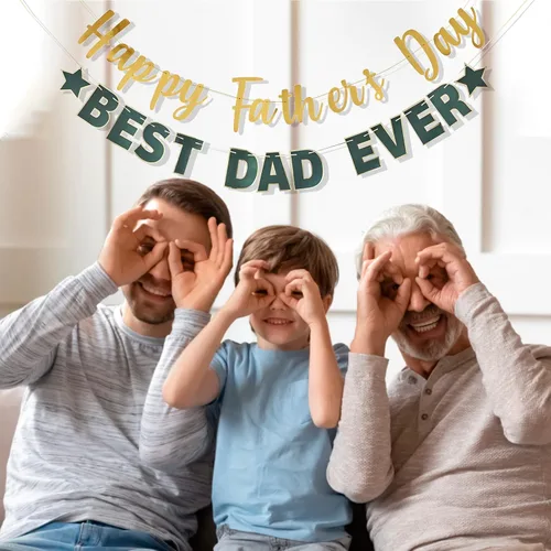 Vista 6 de Pancarta dorada con texto en inglés «Happy Father's Day» para el Día del Padre, decoración de fiesta del padre, guirnalda de fondo para el día