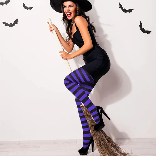 Vista 4 de 2 piezas de medias de rayas de color sólido leggings de mujer con pies para Halloween