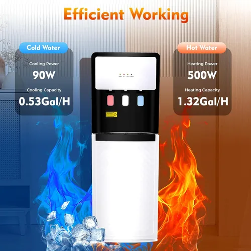 Vista 2 de Dispensador de agua de carga inferior para botella de 5 galones, enfriador de agua blanco caliente/frío/ambiente con capacidad de 1.32 galones/h