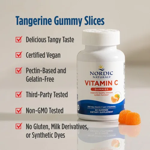 Vista 4 de Gomitas de vitamina C de Nordic Naturals, las gomitas masticables de mandarina proporcionan la dosis diaria de los nutrientes esenciales