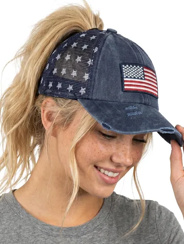 Vista 84 de Funky Junque - Sombrero de cola de caballo para mujer, gorra de béisbol con ajuste ajustable y cola de caballo alta cruzada para uso diario Paquete