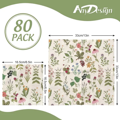 Vista 2 de AnyDesign 80 servilletas de papel de hierbas silvestres vintage, servilletas desechables de flores silvestres, servilletas de mano retro para postre