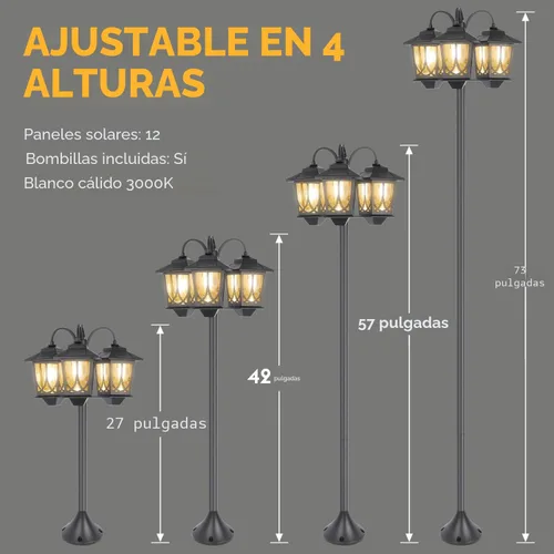 Vista 5 de Lámpara solar de poste de 3 cabezales, luces solares de 73 pulgadas para exteriores, impermeables, 60Lm 3000K luces de camino para jardín, césped
