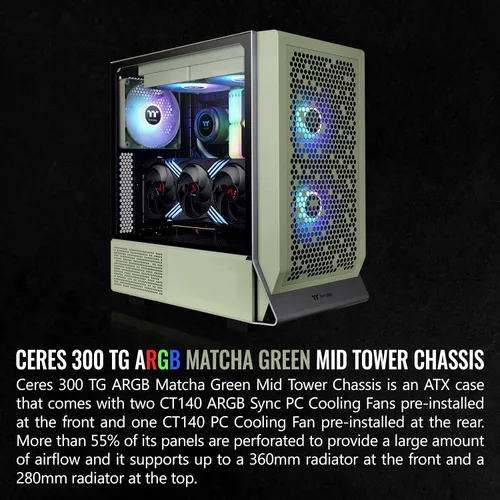 Vista 7 de Thermaltake Ceres 300 Matcha Green Mid Tower E-ATX carcasa para computadora con panel lateral de vidrio templado; 2 ventiladores CT140 ARGB