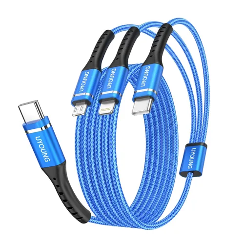 Vista 9 de Cable de carga múltiple corto de 1 pie, paquete de 2 cables de carga 3 en 1, cables universales trenzados para teléfono con conectores