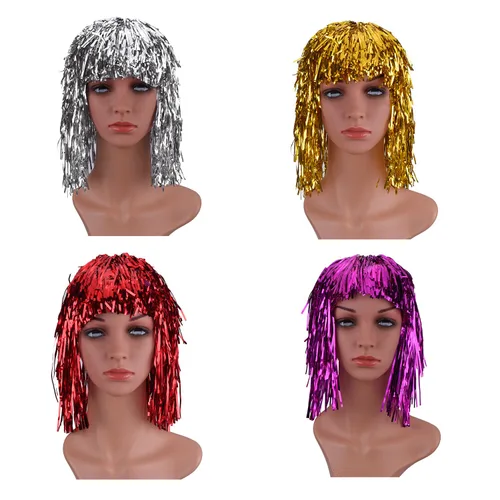 Vista 3 de Sumind 4 piezas de pelucas de oropel de aluminio para vestido elegante, peluca de fiesta brillante para adultos, suministros metálicos de cosplay