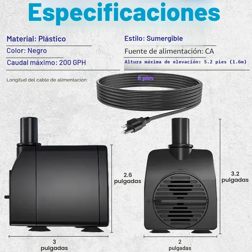 Vista 3 de Knifel Bomba sumergible de 200 GPH ultra silenciosa con protección contra sobrecalentamiento, elevación de 5.2 pies de alto para fuentes