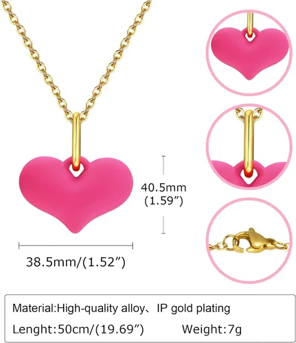 Vista 6 de Collar con dije de corazón rosa Bonitos colgantes de corazón de amor para mujeres y niñas, joyería de moda preparada, collar de cadena