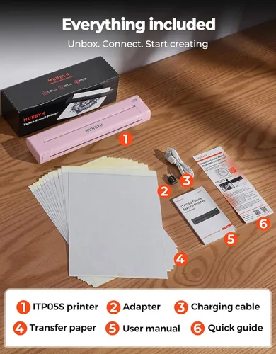 Vista 9 de MUNBYN ITP05S - Impresora de plantillas de tatuaje, impresora térmica inalámbrica Bluetooth con 20 hojas de papel de transferencia, compatible