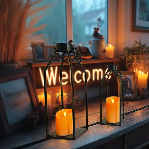 Vista 7 de Faroles de vela decorativos para interiores – Moderno farol de granja para decoración del hogar – 2 linternas de metal negro, velas parpadeantes