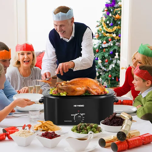 Vista 9 de Horno tostador de 18 cuartos de galón con tapa de autohilvanado, horno eléctrico de pavo de acero inoxidable de 1450W con asas de tacto frío, Negro