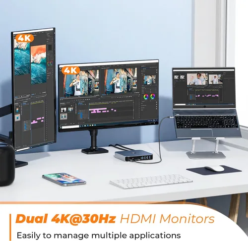 Vista 4 de TobenONE Docking Station 3 Monitores, basado en controlador, para MacBook M1-M5/Neo 13-in-1 USB C Dock with 2 4K HDMI, VGA, 4 USB, 65W Charger