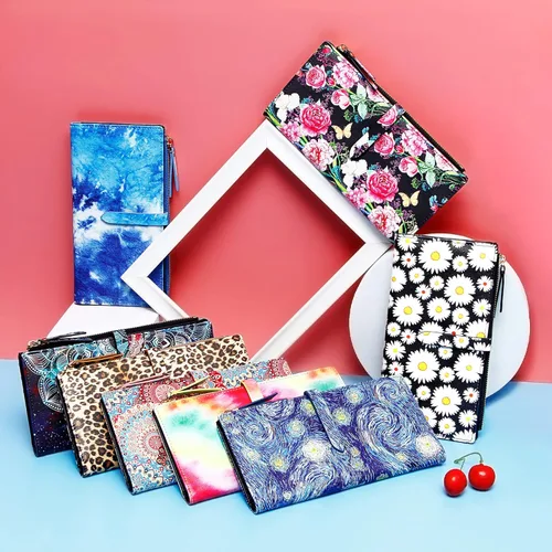 Vista 6 de Billeteras delgadas para mujer, tarjetero RFID plegable con bolsillo con cremallera, Mandala azul, Delgado