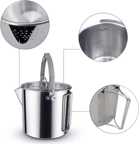Vista 4 de Hervidor de té de acero inoxidable para camping, olla de senderismo portátil de 1.2 L con asas y tapas para camping, senderismo, picnic