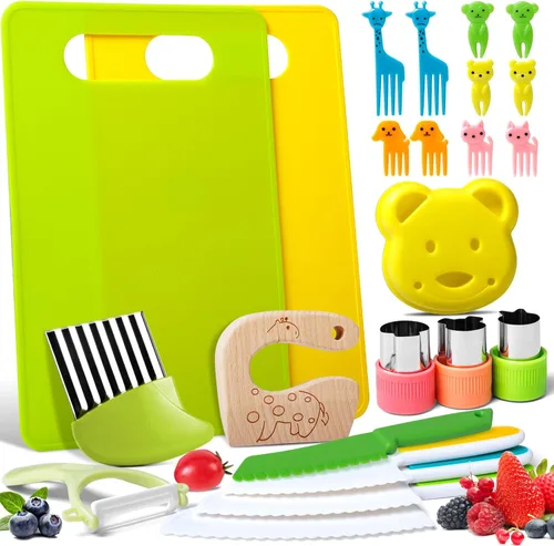 Vista 9 de Reaeon 5 piezas de juegos de cocina para niños reales, herramientas de cocina Montessori, juego de cuchillos para niños para cocina real, 4 piezas