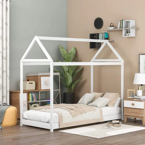Vista 8 de Merax House Bed Twin Size Wood Bed Frame with Roof and Fence for Girls, Boys, Weight Capacity No Limit (Espresso)