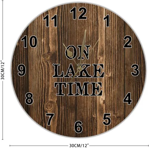 Vista 2 de On Lake Time - Reloj de pared de grano de madera marrón, reloj redondo de 12 pulgadas, funciona con pilas, sin tictac, con texto en inglés "She