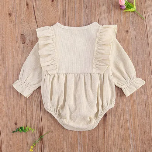 Vista 4 de Ropa de bebé niña sólida con volantes de manga larga mameluco de una pieza para otoño e invierno