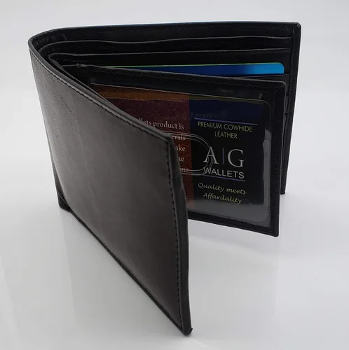 Vista 6 de AG Wallets Billetera plegable para hombre, piel de vaca real, 2 solapas centrales de identificación, 2 compartimentos para billetes