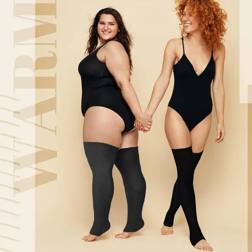 Vista 3 de Eurzom 2 pares de calentadores de piernas de talla grande para mujer, por encima de la rodilla, calcetines sin pies, pierna alta, invierno, tejido