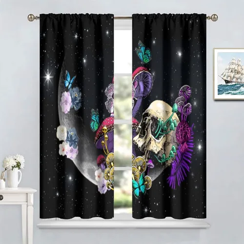 Vista 18 de Cortinas góticas de bosque de cuervos, para Halloween, espeluznante, negro, cuervo negro, alas oscuras, suspenso, bolsillo para barra, cortinas