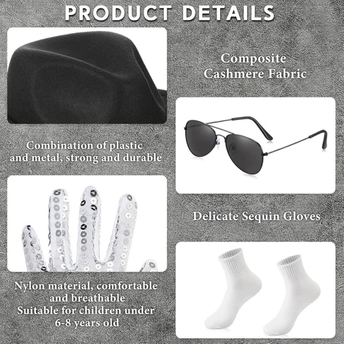 Vista 5 de Juego de 4 piezas de disfraz pop para niños, sombrero de cosplay, guantes de lentejuelas, gafas de sol y calcetines de tripulación, disfraz novedoso