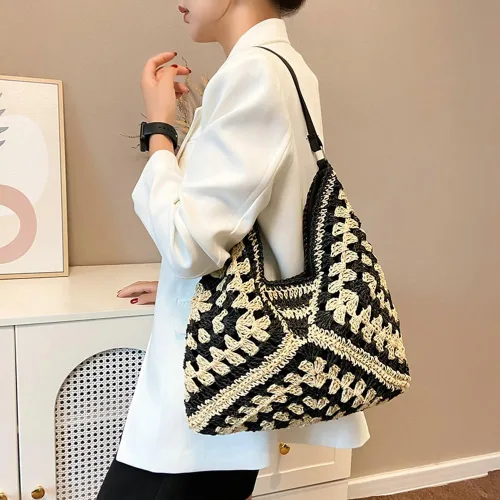 Vista 8 de Bolsos Hobo de paja para mujer, bolso de hombro vintage, bolsa de mano, bolsa de playa de diseñador, bolsa de playa, vacaciones, trabajo, todos