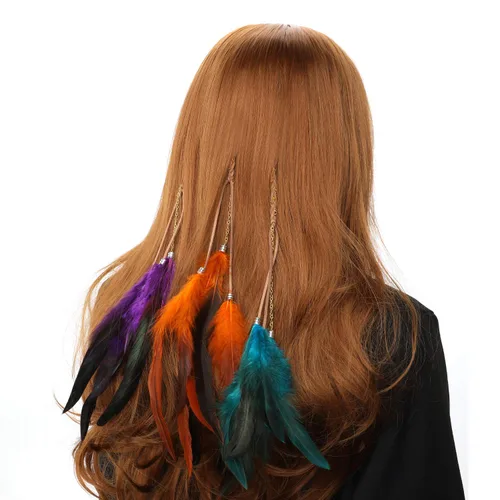 Vista 3 de MWOOT 6 extensiones de pelo de plumas con clip, extensión de plumas hecha a mano, accesorios para el cabello de disfraz de Halloween para mujer
