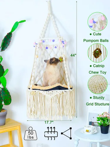 Vista 4 de KARCEEY Cama colgante para gatos, hamaca de macramé para gatos, cama columpio bohemia con alfombrilla de hierba gatera