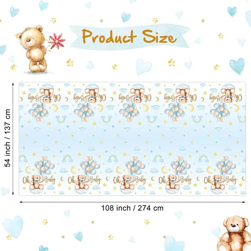 Vista 2 de Tatuo Paquete de 3 manteles rectangulares de plástico con diseño de oso para baby shower, para niños y niñas, revelación de género, cumpleaños, baby