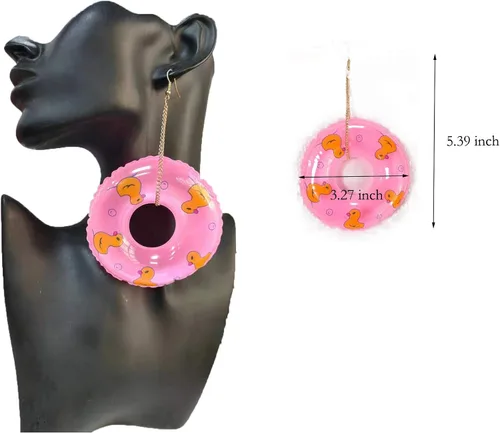 Vista 4 de Pendientes de anillo de natación ligeros con círculo punk y pato, bonitos aretes de verano para fiestas en la piscina, para mujeres y niñas, joyería