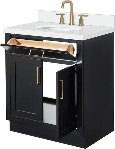 Vista 9 de ARIEL Hepburn - Tocador de baño de 30 pulgadas con fregadero, madera maciza, encimera y protector contra salpicaduras de cuarzo blanco puro de 1.5