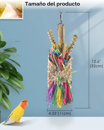 Vista 2 de Bissap Juguetes para masticar pájaros, trituradora de forrajería de loros, bolsa tejida con palmera natural, jaula colgante de juguete con golosinas