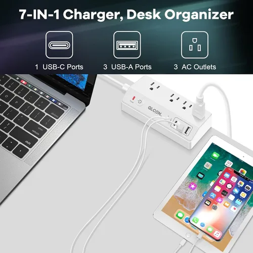 Vista 2 de Regleta de alimentación USB C 20 W PD – Protector de sobretensiones extraíble con 4 tomacorrientes 4 puertos USB – Enchufe multitoma de corriente