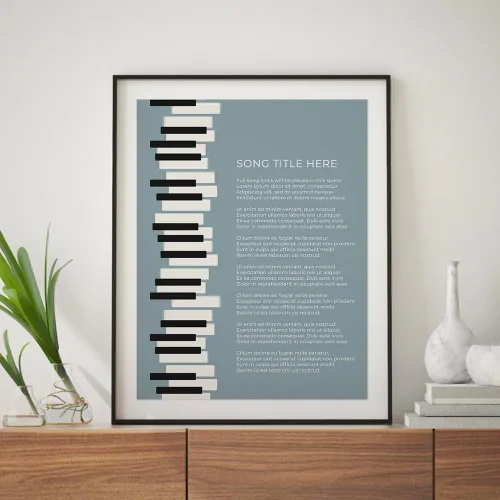 Vista 5 de Piano Keys Custom Songs Lyric Wall Art Print, Personalized Music Poster Blue 11x14" Black Frame