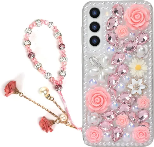 Vista 13 de para iPhone 14 Pro - Funda con Purpurina y Diamantes de Imitación, de Lujo, con Cristales Brillantes, Flores de Rosa, Perlas Florales, Pulseras