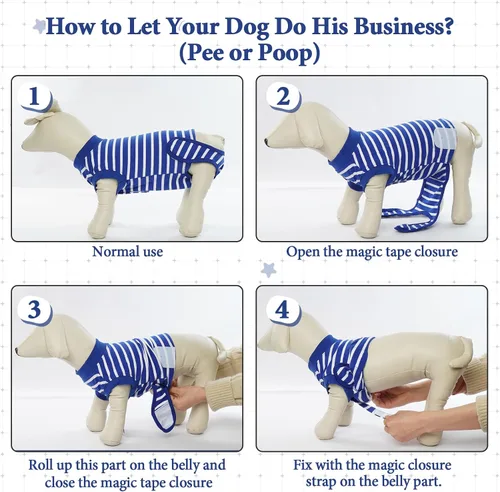 Vista 6 de IDOMIK Traje de recuperación para perros – Mono esterilizador femenino y masculino, ajustable antilamer, transpirable y cómodo, talla S, rayas azules