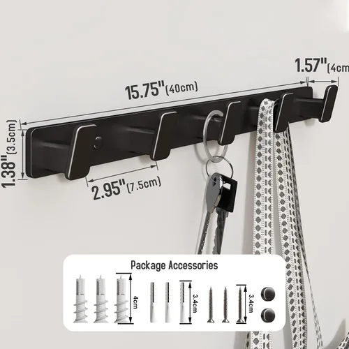 Vista 3 de Black Wall Mount Coat Rack, 5 Wall Hooks For Hanging Key Holder Hat Hooks Negro