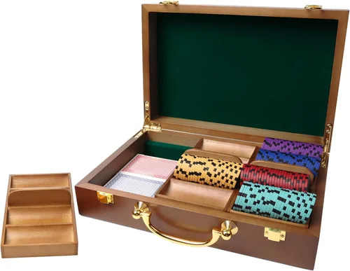 Vista 8 de GSE Games & Sports Expert Estuche de madera para fichas de póquer con 3 bandejas de fichas, capacidad para 300 fichas, soporte para fichas de póquer