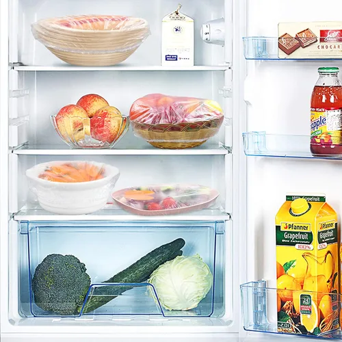 Vista 3 de DYM - 90 fundas elásticas reutilizables para tazones, cubiertas elásticas de plástico PE elástico para almacenamiento de alimentos, cubiertas